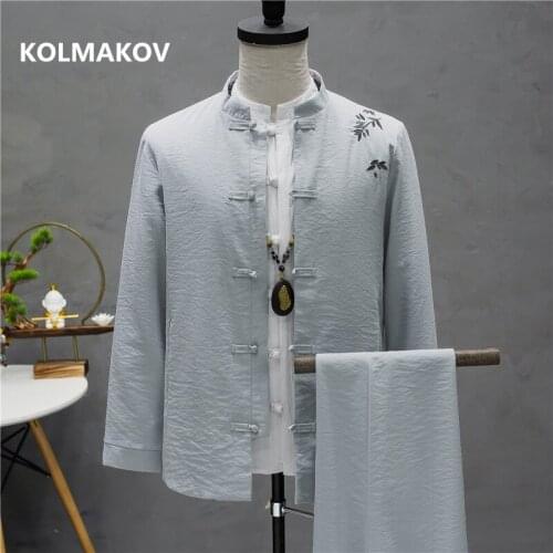 Jacket+ trousers) 2020 Autumn men coat embroidery Man Cotton and linen Jackets mens fashion casual coats men size M to 5XL