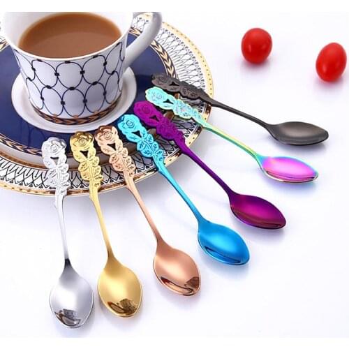Stainless Steel Spoon Coffee Spoon Rose Coffee Spoon Ice Cream Dessert Fork Spoon Tableware Stainless Steel Spoon