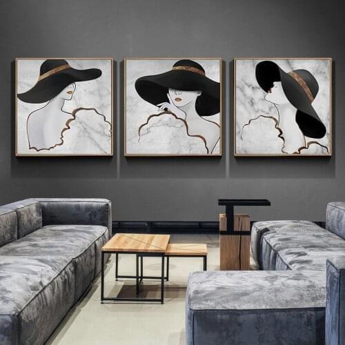 Fashion White and black A delicate girl in hat Abstract modern Nordic decorative Painting for Home hotel Canvas Wall Art Poster