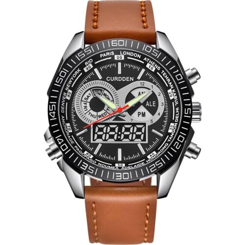 Fashion Designer Brand CURDDEN Mens Big Digital LED Watches Dual Time Chronograph Casual Leather Wrist Watch Reloj Hombre Grande