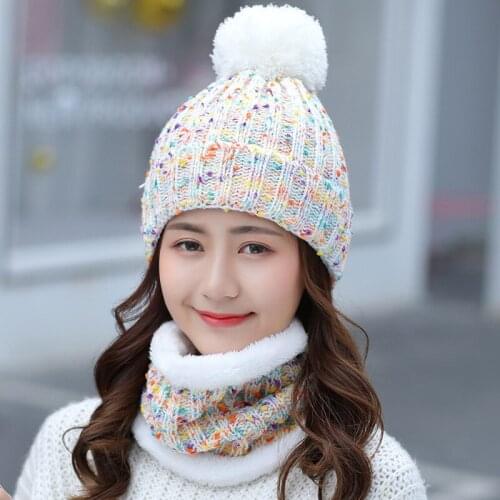 Fashion Winter Womens Hat Scarf Set of Hat And Scarf For Women Girl Warm Beanies Hat For Girls Ring Scarf Pompoms Winter Hats