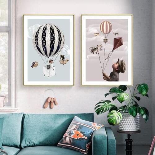 Modular Dream Hot Air Balloon Animal Pictures Nordic Style Canvas Painting Wall Art Poster Prints Home Decor Children Room Frame