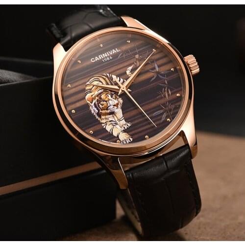 Relogio Masculino Carnival Brand Luxury Automatic Watch Mens Fashion 3D Tiger Rose Gold Mechanical Wristwatch Clock Reloj Hombre