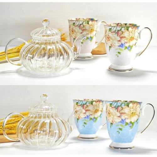 3pcs set, pumpkin glass tea pot and bone china coffe cup set, espresso cup, vintage tea sets, for service a cafe, coffee gift