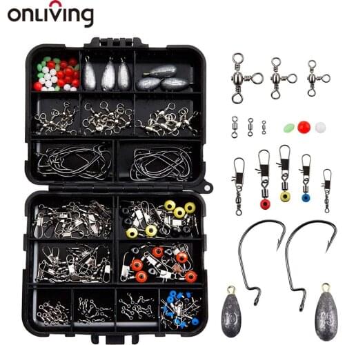 ONLIVING 160pcs Fishing Accessories Set Fishing Tackle Box Kit Jig Hooks Fishing Swivel Snaps Sinker Slides Kit Fishing Equipmen