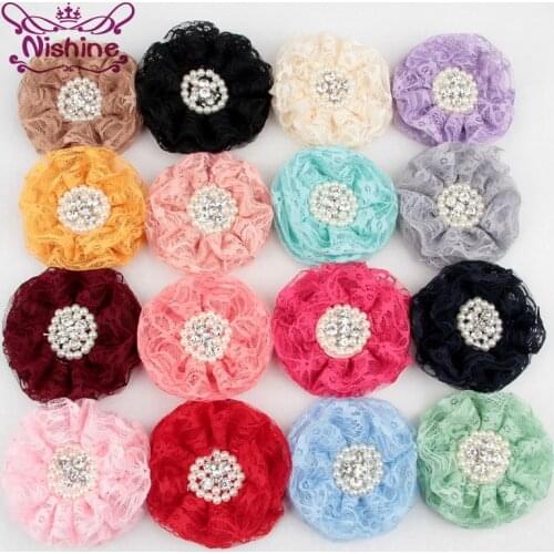 Nishine 20pcs Flatback Round Lace Flower with Pearl Button DIY Kids Headband Girls Corsage Hair Clips Children Hair Accessories