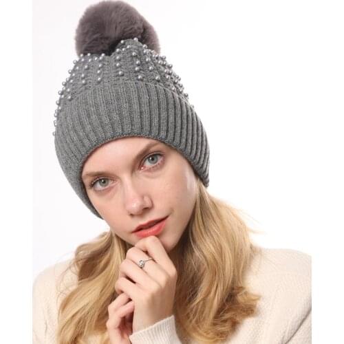 Pearl Knitting Thicken Solid Color Pompom Hat Keep Warm Casual Tide Simple Crimping WomenS Winter Cap Beanie Hat