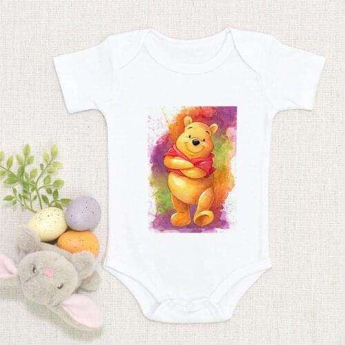 Newborn Baby Clothes Short Sleeve White Winnie The Pooh Printed Cartoon Baby Boys Girls Jumpsuits Rompers Infant Roupa De Bebe
