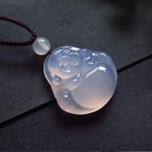 Purple Natural Recruit money and drive disaster Jade Chalcedony Maitreya Buddha Jade Necklace Pendant Purple agate Men and Women