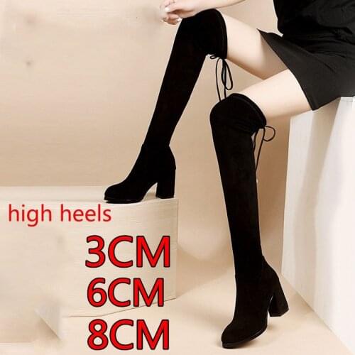 Womens Spring Over the Knee Boots Ladies Quality Suede High Heels Lace Up Long Boots Black Female Footwear Heel height 3/6/8CM