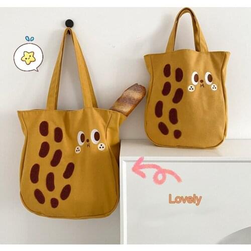 Yeqofcd Womens Peanut Cartoon Canvas Bag Large Capacity Cotton Shoulder Bags Cute Handbag Embroidered Casual Totes 2021