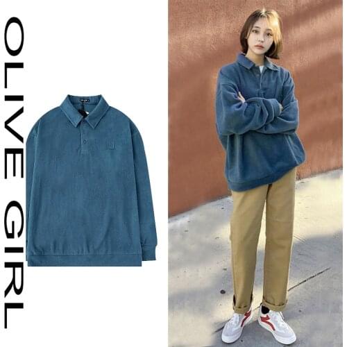 Women Spring Winter Warm Korea Fleece Polo Collar Hoodies Thick Sweatshirt Casual Harajuku Oversized Long Sleeve Top Vintage