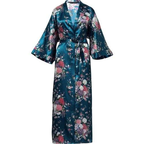 Elegant Ankle-length Dark Green Women Robe Kimono Gown Homewear Exquisite Print Flower Sleepwear Soft Satin Nightwear Plus Size
