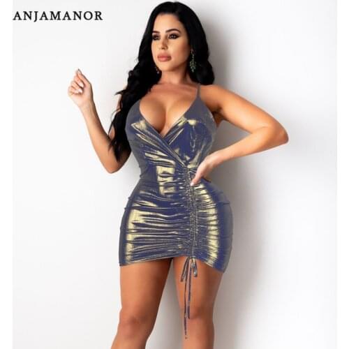ANJAMANOR Sexy Glitter Deep V Neck Bandage Dress Birthday Party Club Outfits 2021 Woman Clothing Summer Mini Dresses D36-BH23