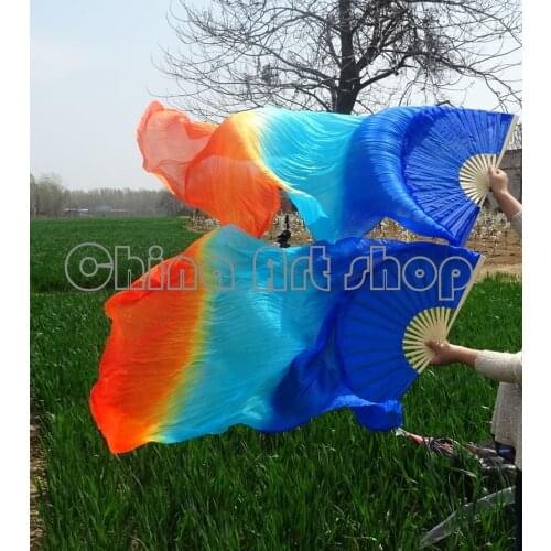 2 fans) 1 on the left + right 100% silk belly dance fan veil of blue orange (1.5 M1.8m 2.0m) free shipping