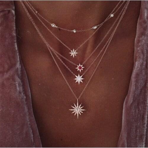 4 Pcs/set Multilayer Crystal Star Pendant Necklace Moon Choker Necklaces Women Beach Statement Boho NEW Fashion Jewelry 2020