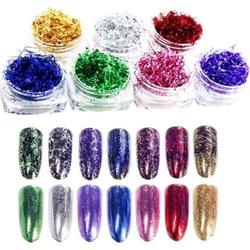 7 Box (2.5ml Jar) Nail Foil Flakes 7-Color Gold Silver Pink Red Green Blue Purple Flake Paper Mirror Effect Irregular Nail Flake