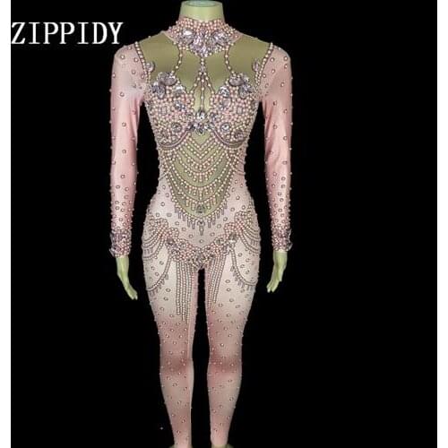 Glisten Big Crystals Pearls Jumpsuit Female Singer Show Nightclub Outfit Birthday Party Women Dance Wear Sexy Stretch Bodysuits