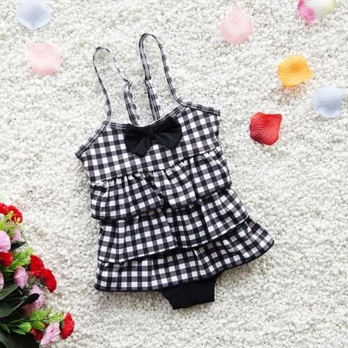 2021 Girls Cute Plaid One Piece Swimwear Black Children Swimming Bathing Suit Kids Swimsuit Swim Holiday Wear