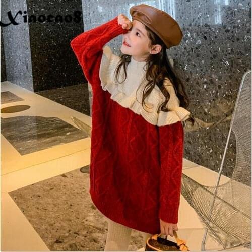 2-11Years Girls Knitted Turtlenck Princess Sweater Dress Kids Patchwork Ruffles Dresses for Girls Autumn Winter Toddler Clothes