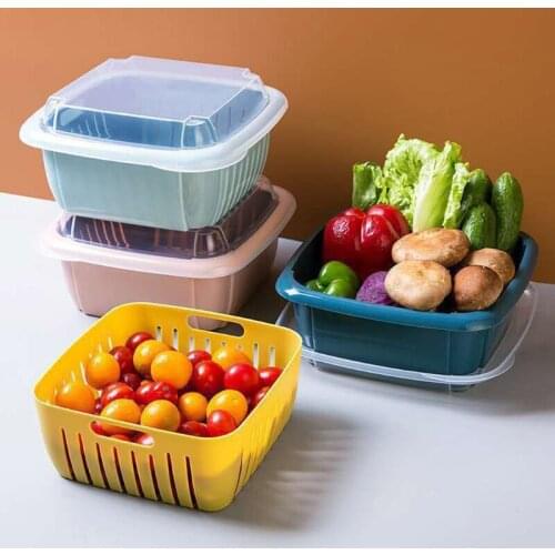 Double Layer Drain Basket Box with Lid Refrigerator Crisper Vegetable Container