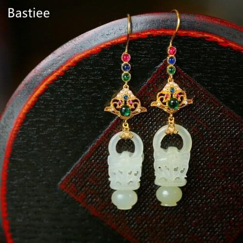 Bastiee Geometric Korean Earrings Earrings Silver 925 Jewelry For Women Jade Golden Plated Long Earrings Vintage