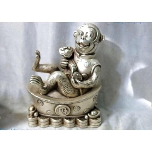 China Silver carved sculpture fine Yuan Bao as one wishes Monkey Statue