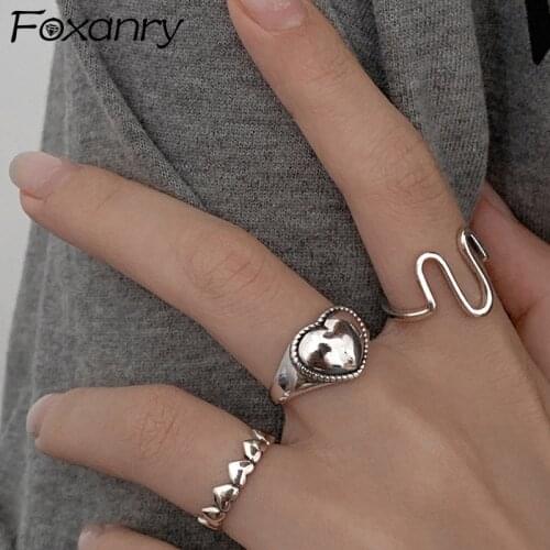 Foxanry 925 Sterling Silver LOVE Heart Rings New Trendy Elegant Vintage Sweet Simple Wavy Lines Party Jewelry Girl Accessories