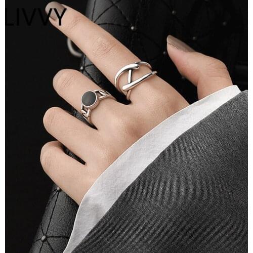 LIVVY Fashion Silver Color Double Line Irregular Finger Rings For Women Black Round Chain Ring Jewelry Adjustable