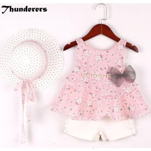 Thunderers Kids Girl Clothes Summer Flower Pearl Top White Shorts With Free Hat Three-piece Princess Girls Clothing Set