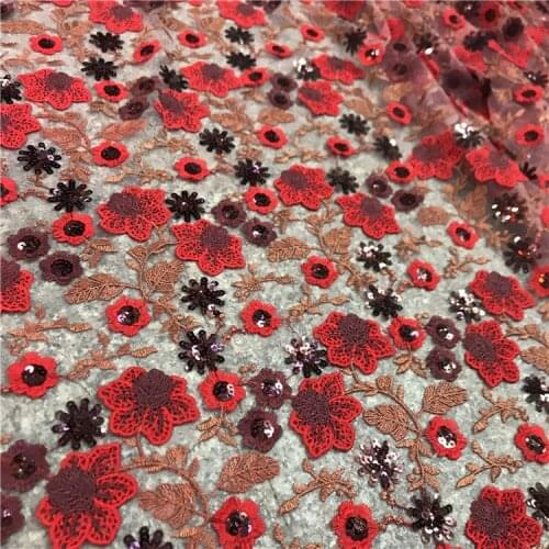 Red mbroidered mesh polyester sequin dress fashion lace fabric