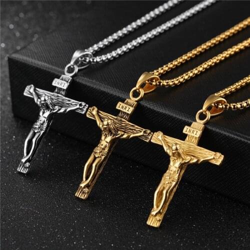ZORCVENS Cross INRI Crucifix Jesus Piece Pendant & Necklace Gold Color Stainless Steel Men Chain Christian Jewelry Gifts Vintage