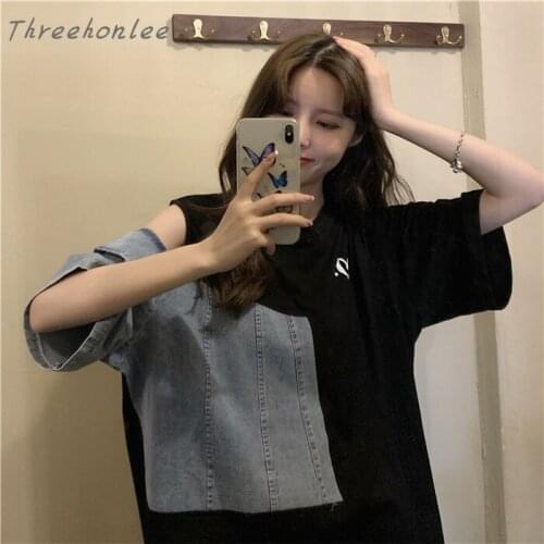 Fashion Korean Womens T-shirt Round Neck Denim Splicing Shoulder Leakage Medium Length Short Sleeve T-shirt For Women