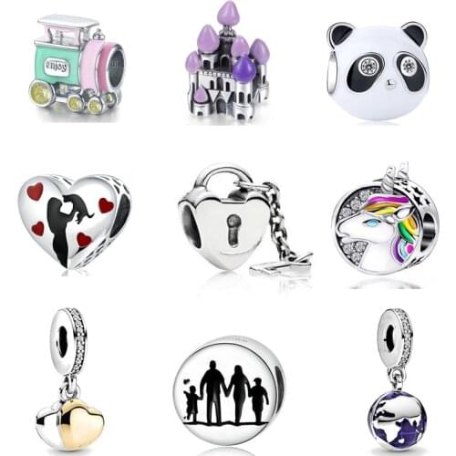 NEW european silver color globe key lock panda train family panda diy bead fit Original Pandora charms Bracelet for women N005