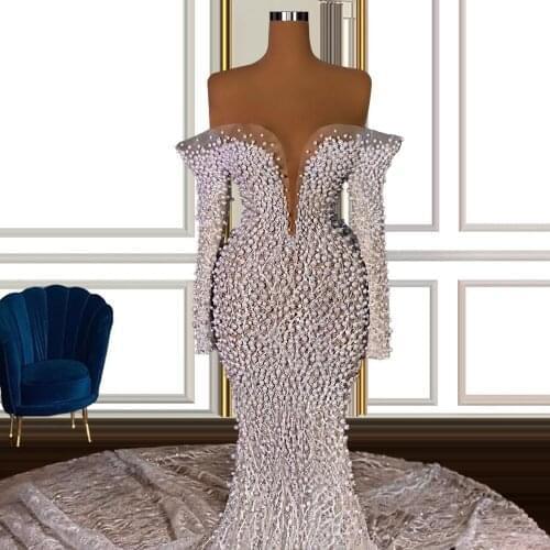 Bridal Collection Set Wedding Party Dress Luxury Pearls Mermaid with Train Marriage Ceremony Gown for Bride Plus Size 2021 Women