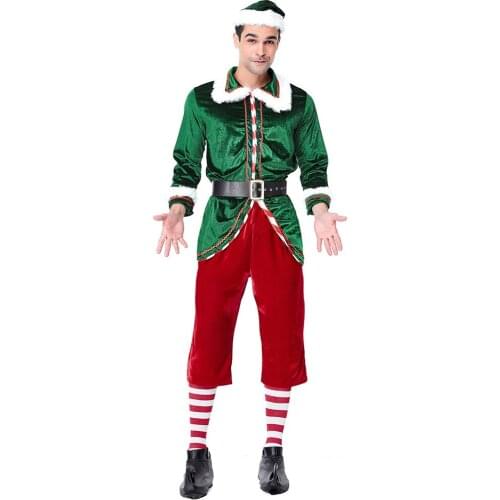 Deluxe Men Christmas Green Elf Santa Claus Cosplay Costume New Year Carnival Party Xmas Fancy Suit