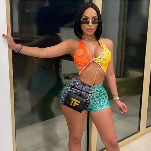 Print Patchwork Two Piece Set Woman Shorts and Halter Backless Crop Top Set Sexy 2 Piece Club Outfits for Women Summer Beach