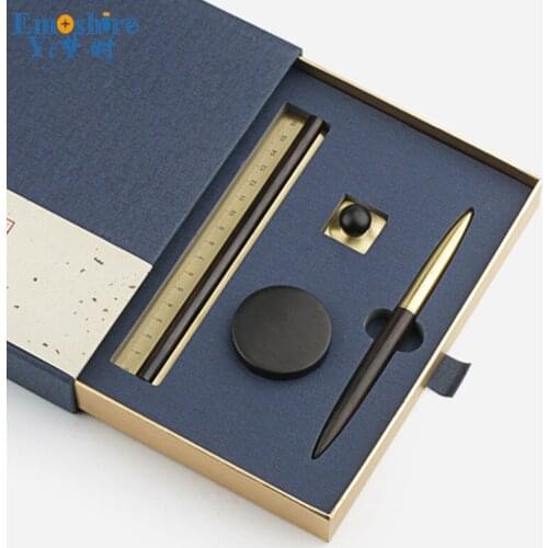 Ballpoint Pen Seal Ruler Set Brass Solid Wood Roller Ball Pen Box Pencil Case Stationery Business Office Birthday Gifts P439