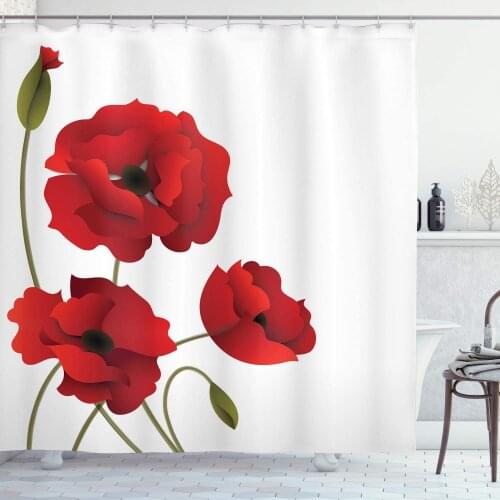Floral Shower Curtain, Poppy Flowers Vivid Petals Buds Pastoral Purity Mother Earth Nature Design, Cloth Fabric Bathroom Decor