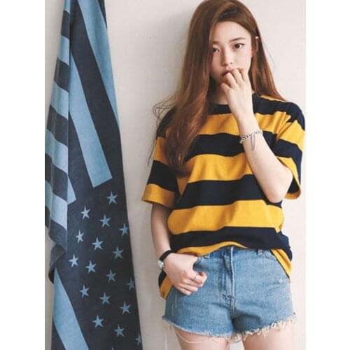 Temperament Trend Womens Striped T-shirt Korean Loose Thin Short Sleeve Blouse Oversized Summer Round Neck Top Elegant Casual