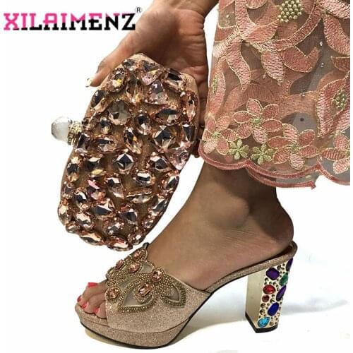Peach 2019 New Design Novelty Style Italian Ladies High Quality Shoes with Evening Bag to Match for Wedding Slipper