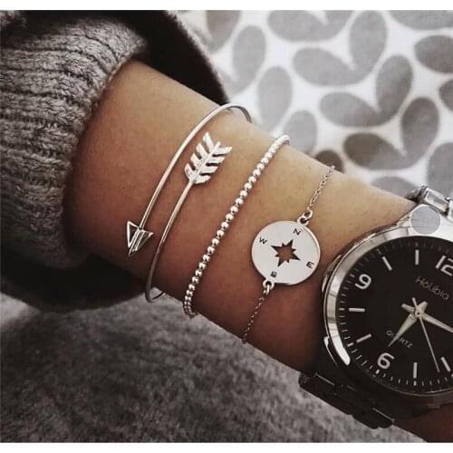 Personality Street Shoot Women Geometry Alloy Engraving Arrow Round Hollow Compass Beaded 3Pieces/Set Adjustable Bracelet Bangle