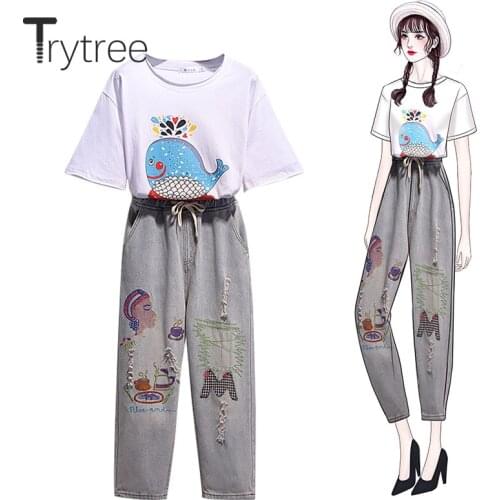 Trytree 2020 Summer Women Two Piece Set Casual O-neck Cartoon T-shirt Tops + Cowboy Pants Elastic Waist Embroidery 2 Piece Set