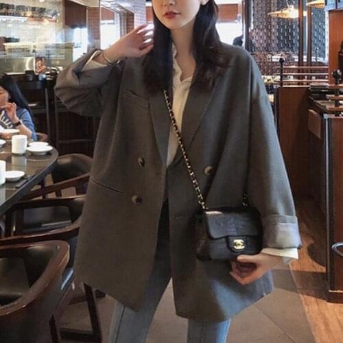 Womens Fashion Casual Jacket Large Size Korean Style Loose All-matched Double Breasted Blazer Coat Costume Femme