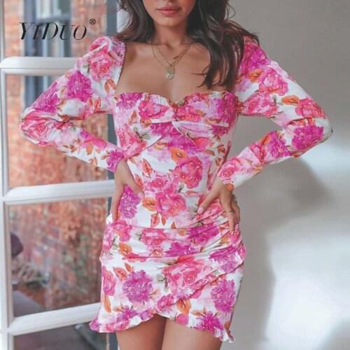 YiDuo Floral Print Long Puff Sleeve Spring Autumn Dress Elegant V-Neck Bodycon Short Dress Sexy Pink Ruffles Party Dress Vestido