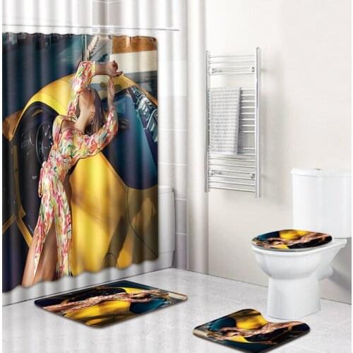 4pcs/lot High Quality Sexy girl Print Shower Curtain 3D Polyester Fabric Waterproof Mildewproof Bathroom Curtain with carpet set