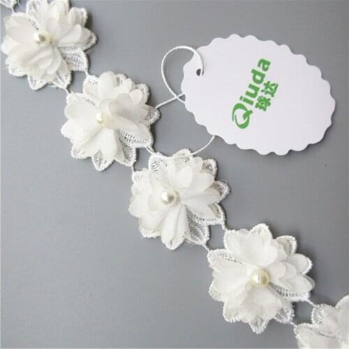 5yards/Lot Ivory Pearl Chiffon Flower Embroidered Lace Trim Ribbon Applique Clothes Wedding Dress Sewing Craft Garment Accessory