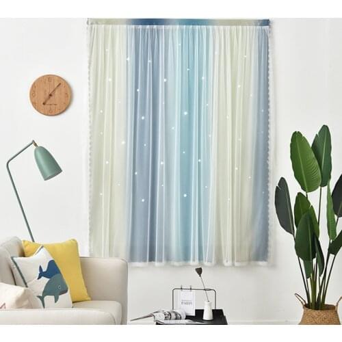 Double Layer Blackout Star Hollow Punch-free Velcro Gradient Curtains with Lace Tulle Fabric for Home Living Room window Decor