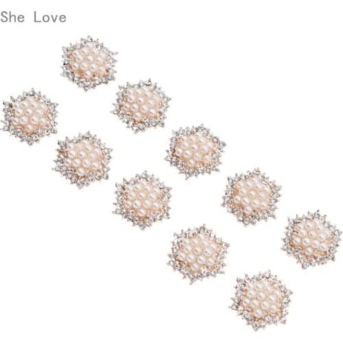 Chzimade 10Pcs Rhinestone Hexagons Flower Button Round Ivory Pearl Closures Crystal Craft