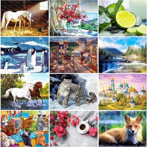Diy Diamond Painting Summer Refreshing Lemon Beautiful Red Flowers Spectacular Nature Scene Wild Fox Penguin Horse Poster